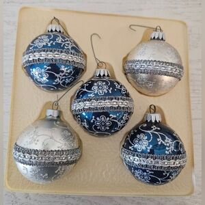 5 Christmas by Krebs Victorian Collection Glass Ball Ribbon Ornaments USA Vtg
